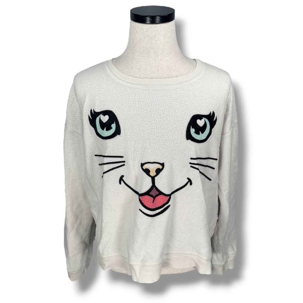 Wildfox Happy‎ Cat Face Sweatshirt Women’s Medium Ivory Long Sleeve Pullover